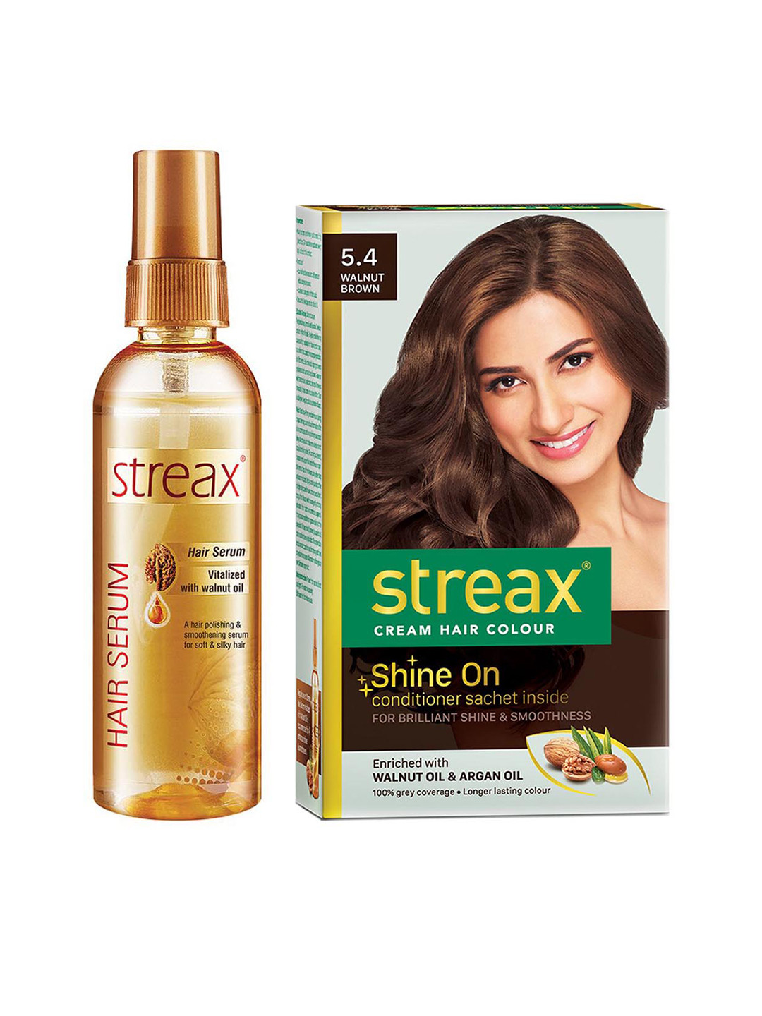 Streax Vitalized Hair Serum 100 ml & Shine On Cream Hair Colour 120 ml - Walnut Brown 5.4