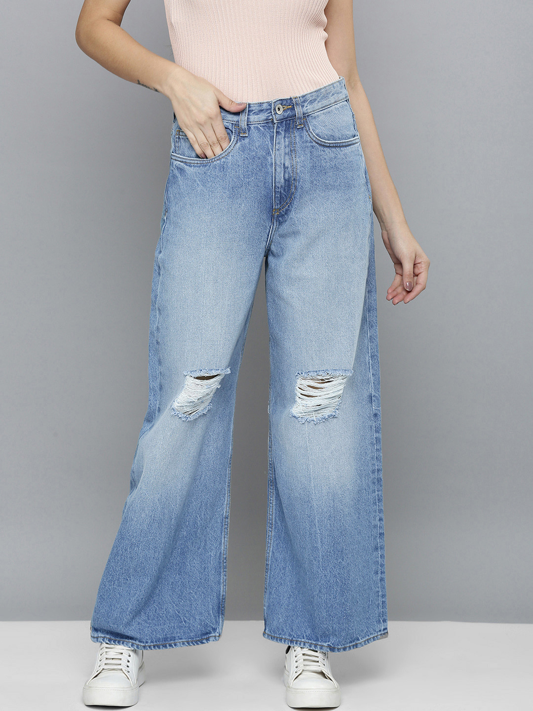 Flying Machine Women Blue Wide Leg High-Rise Heavy Fade Stretchable Jeans