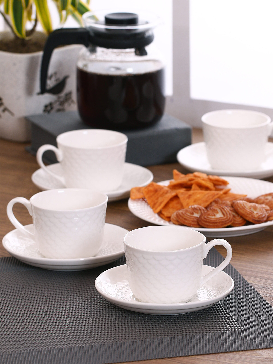 CLAY CRAFT White Set of 6 Textured Ceramic Glossy Cups and Saucers