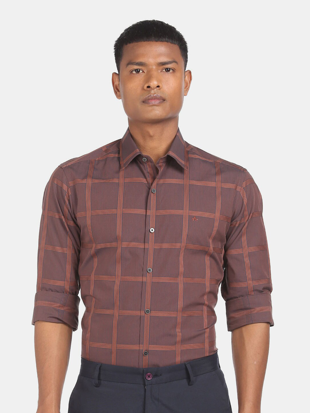 Arrow New York Men Rust & Blue Slim Fit Checked Pure Cotton Semiformal Shirt