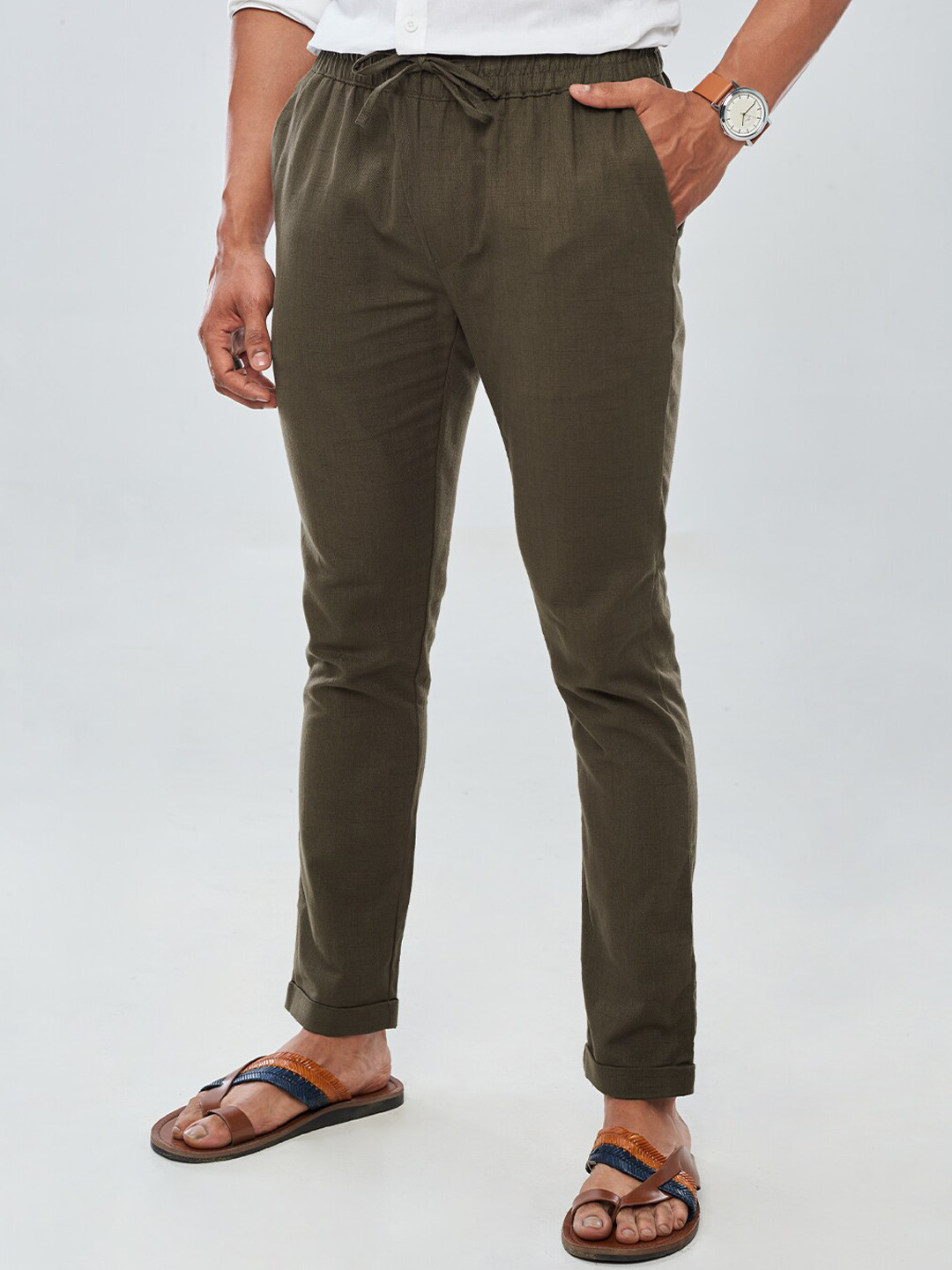 The Souled Store Men Green Regular Fit Cotton Trousers