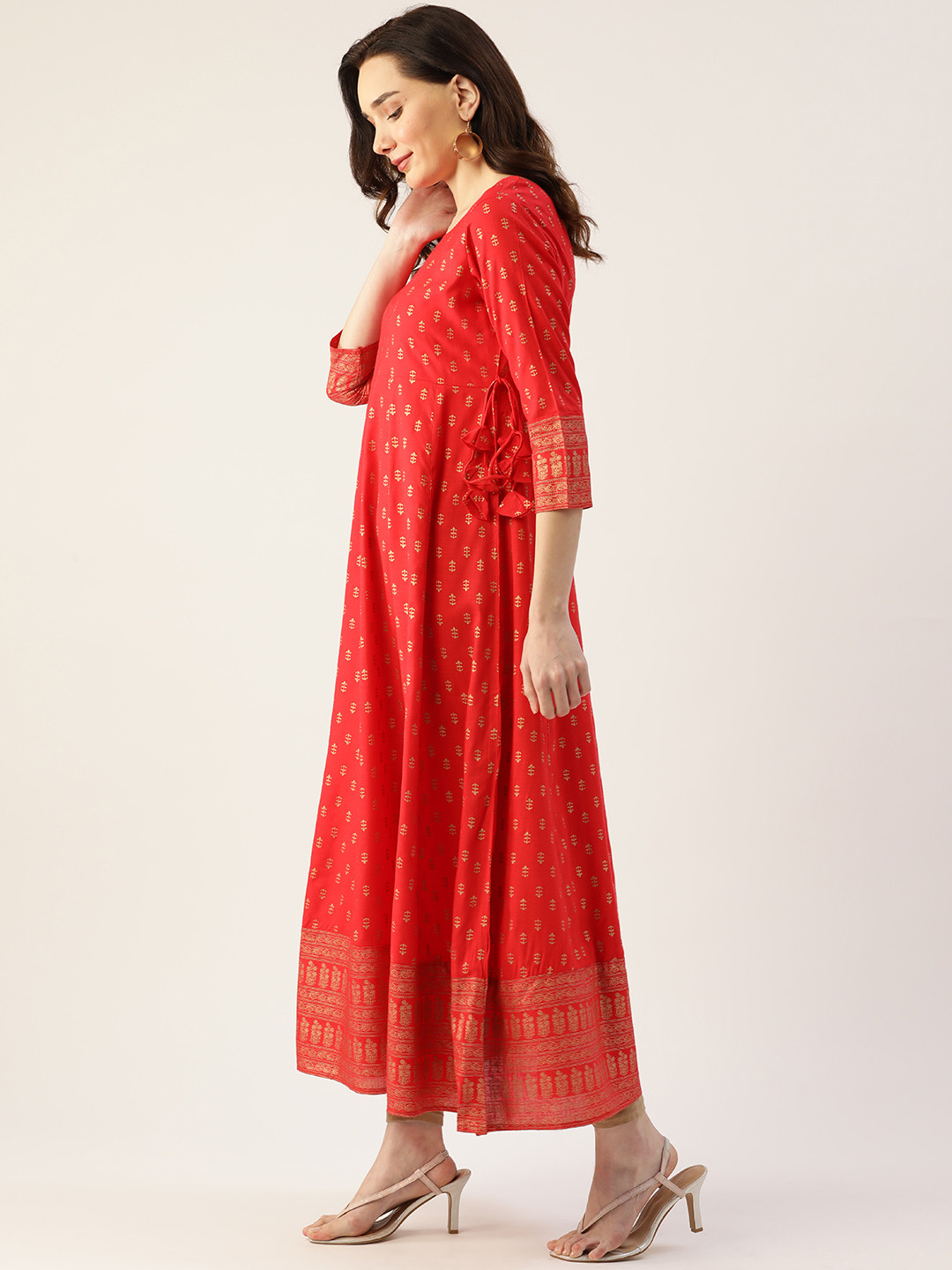 KBZ Women Red & Golden Ethnic Motifs Printed Anarkali Kurta