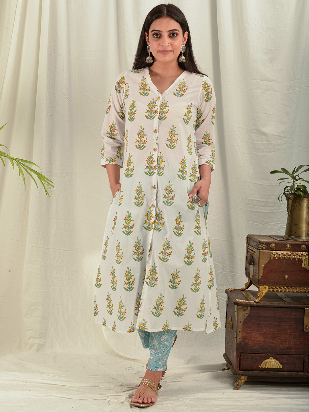 House of Dhaaga Women White & Green Ethnic Motifs Block Printed Cotton A-line Kurta