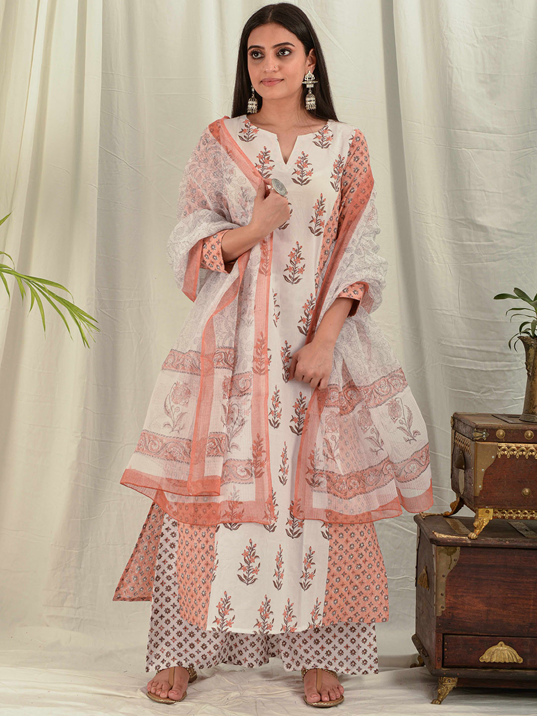 House of Dhaaga Women Orange & White Ethnic Motifs Printed Block Print Cotton A-line Kurta