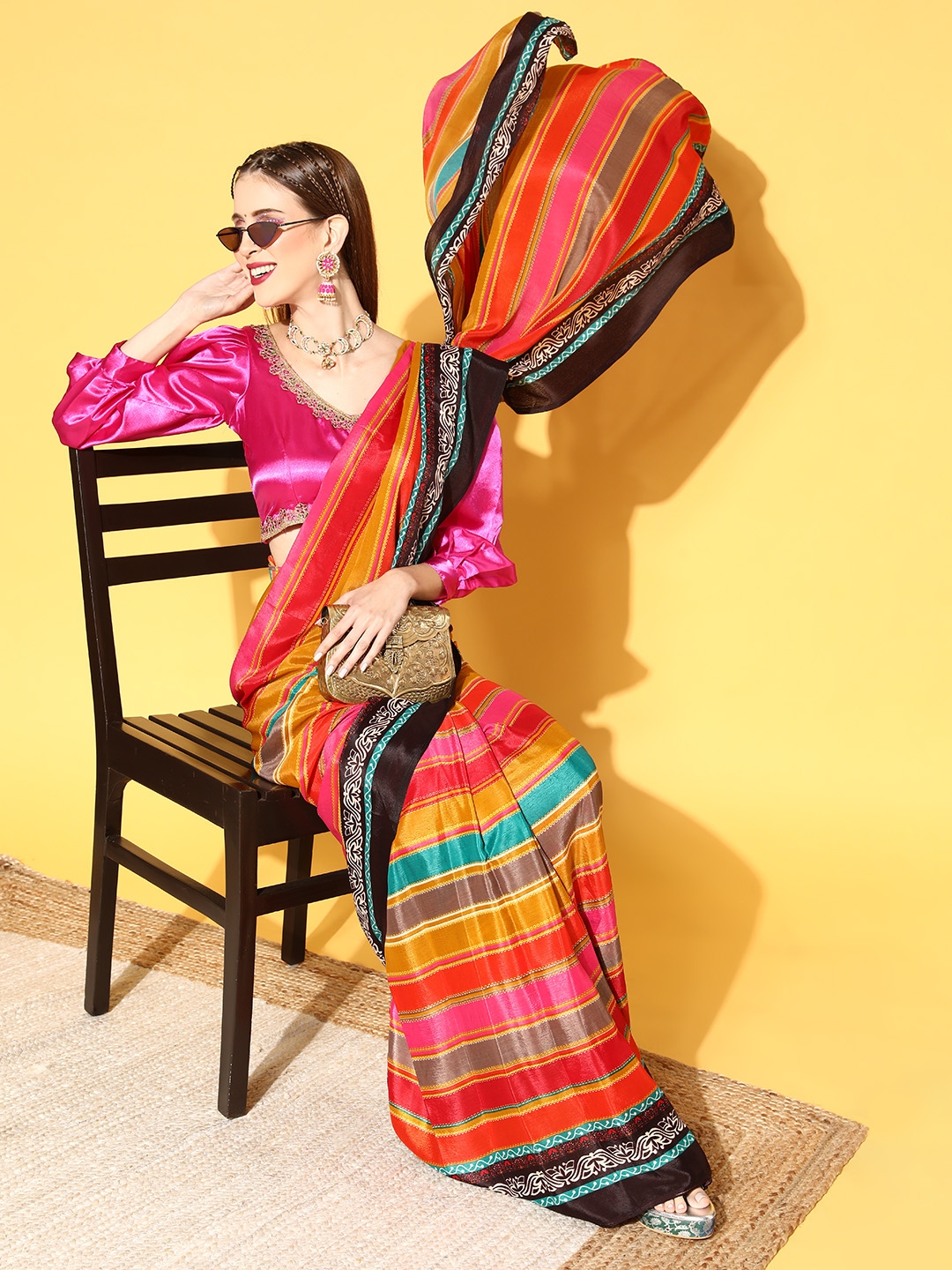 Rang Gali Red & Orange Striped Ready To Wear Bandhani Silk Saree - Sarees for Women 17866042 | Myntra