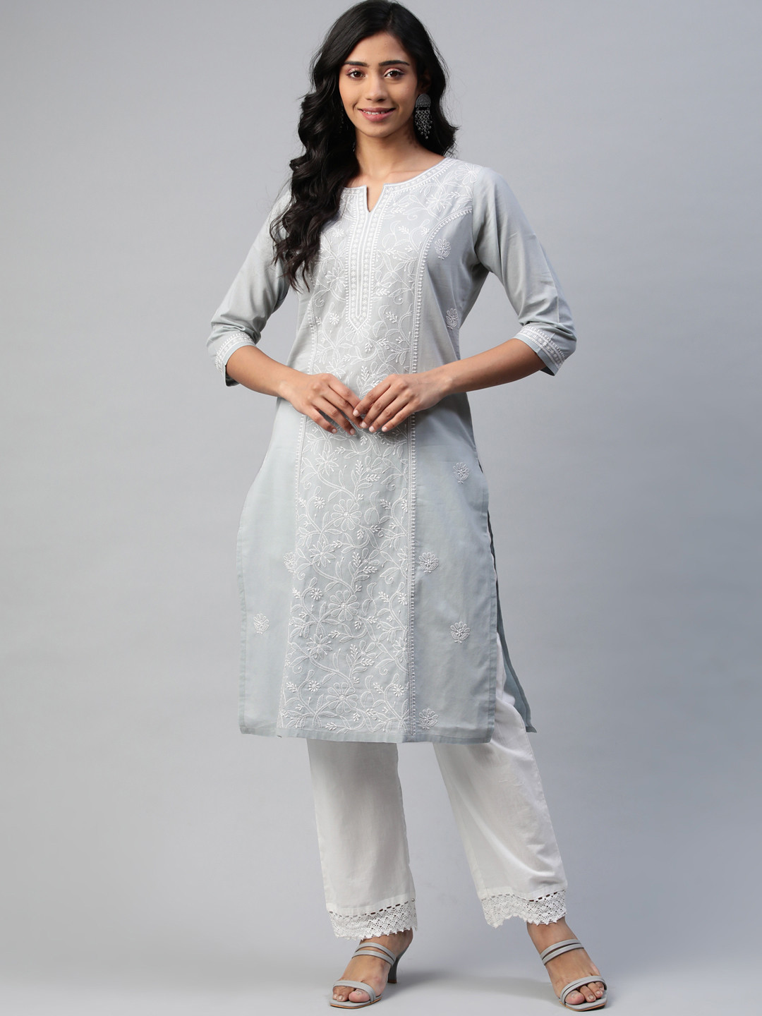 akheri Women Grey Ethnic Motifs Embroidered Chikankari Cotton Kurta