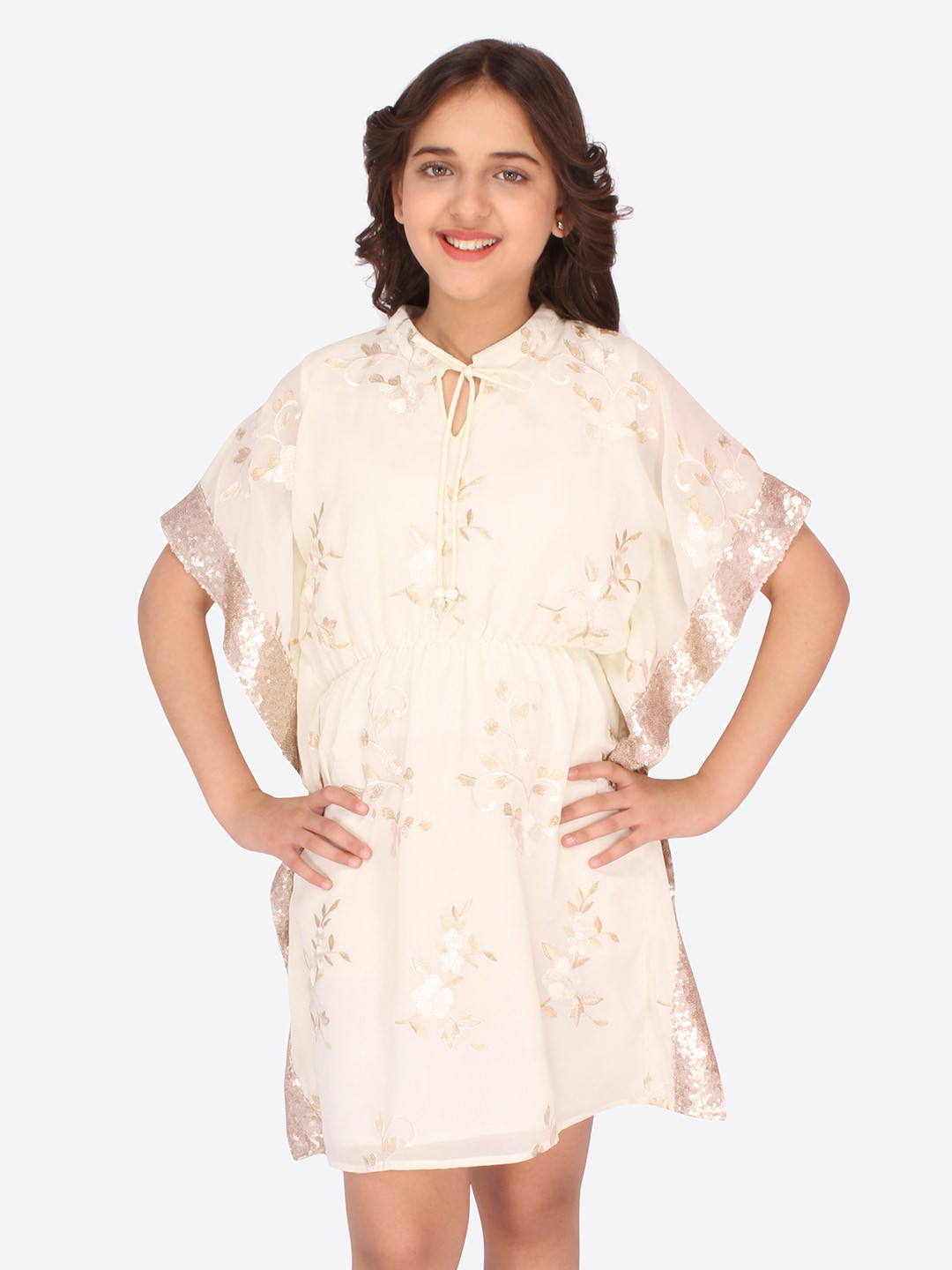 CUTECUMBER Girls Cream-Coloured Floral Tie-Up Neck Georgette Kaftan Dress