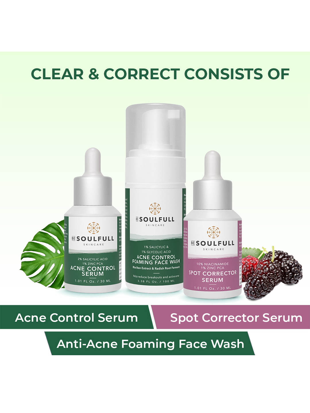 BE SOULFULL Acne Control Foaming Facewash + Serum + Spot Corrector Serum