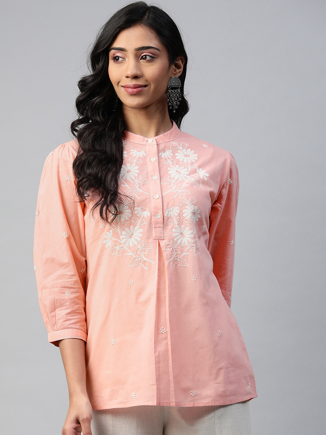 akheri Pink Floral Embroidered Mandarin Collar Cotton Shirt Style Top