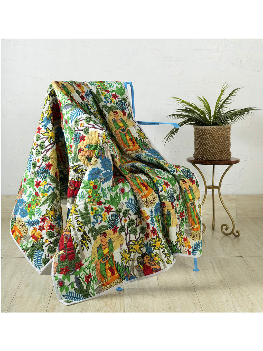 HANDICRAFT PALACE White & Green Hand Block Printed Cotton Quilted Throw Blanket