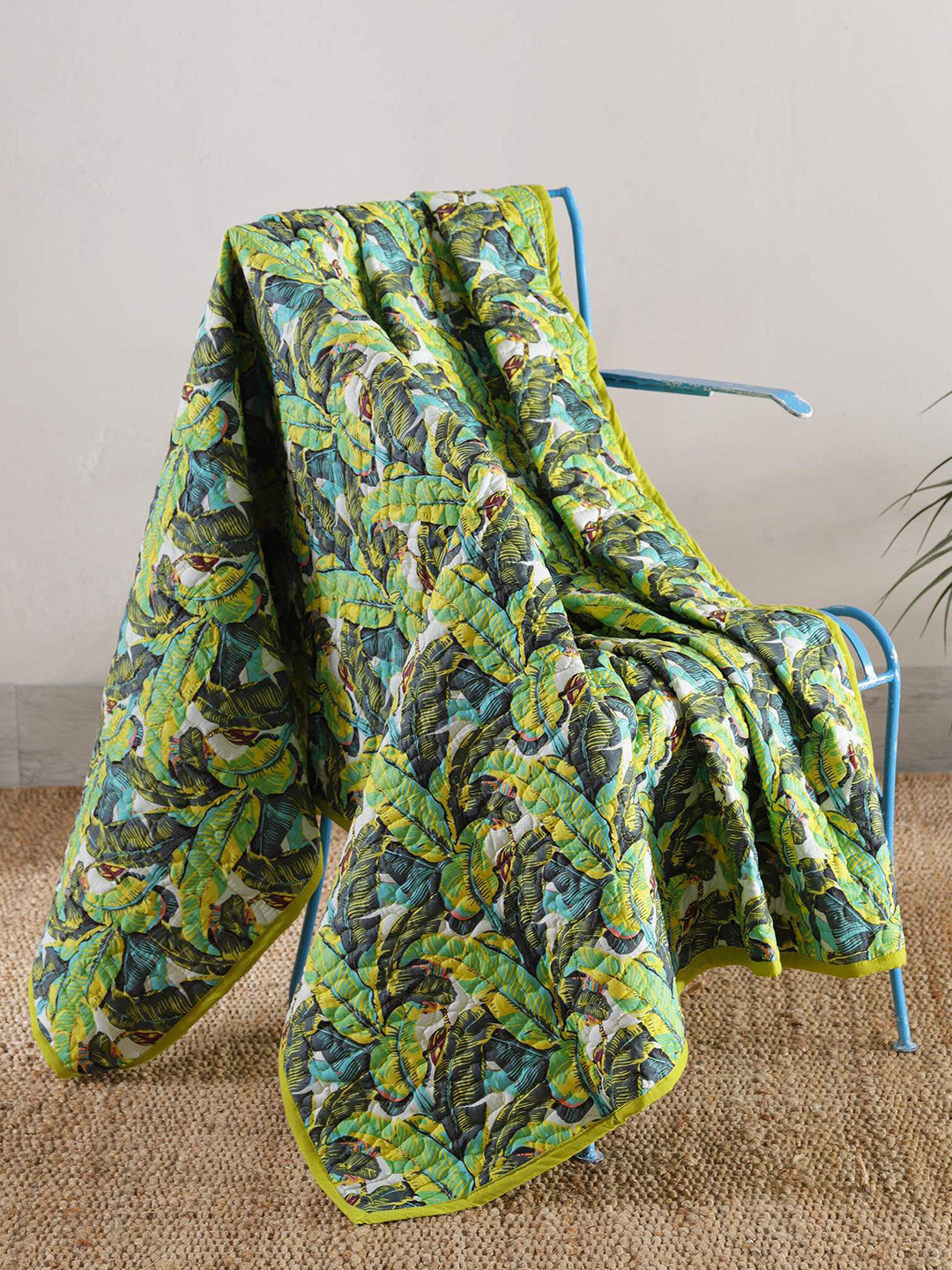 HANDICRAFT PALACE Green Leaf Hand Block Printed Cotton Quilted Throw