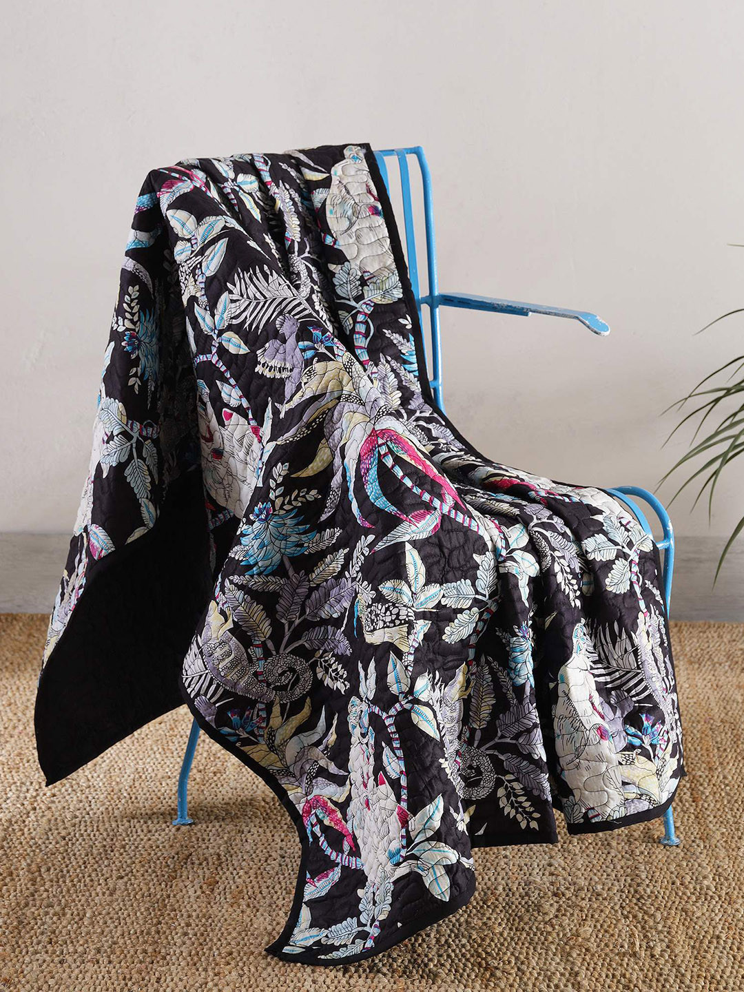 HANDICRAFT PALACE Black & Grey Hand Block Printed Cotton Quilted Throw