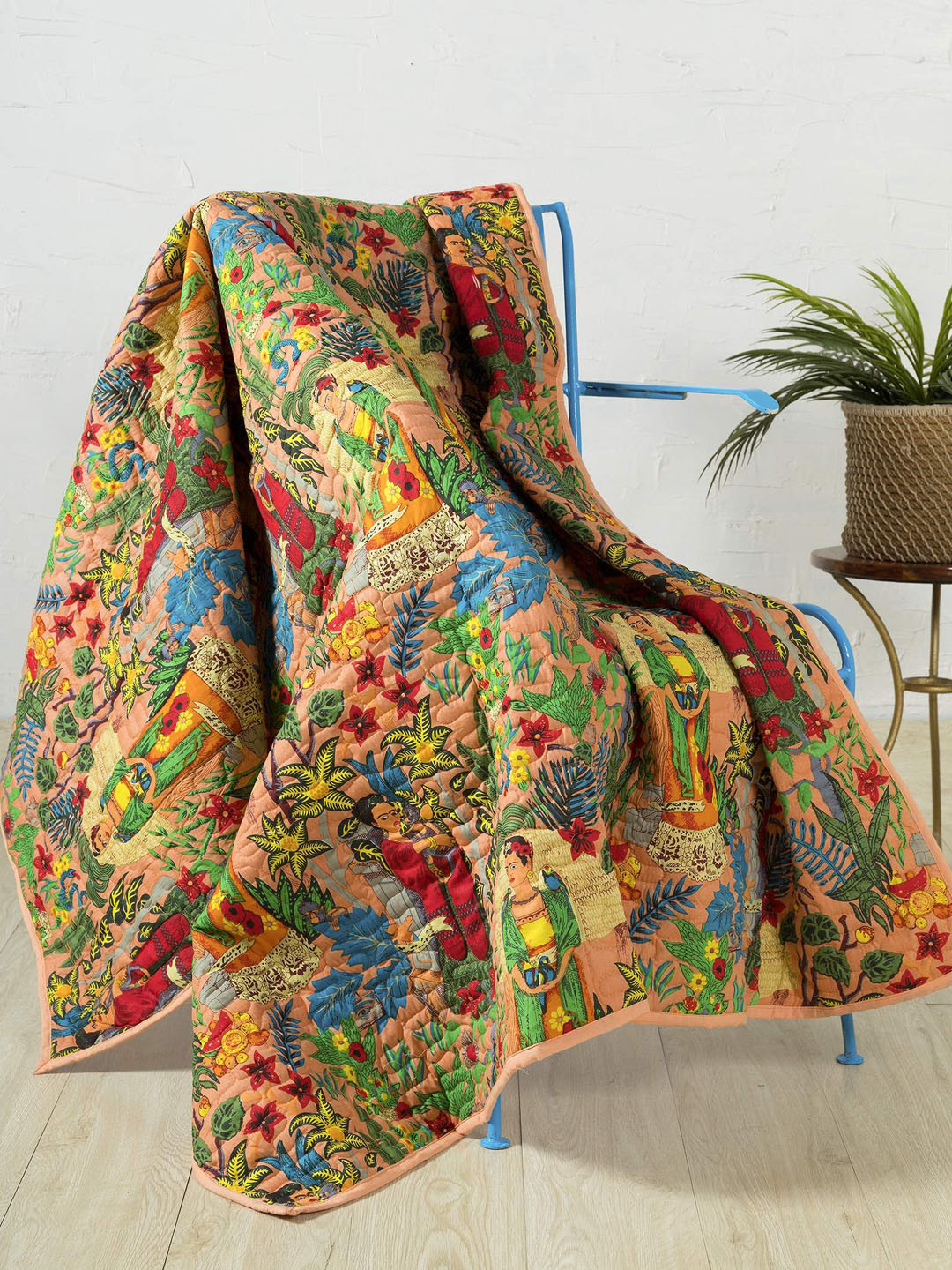 HANDICRAFT PALACE Peach & Green Hand Block Printed Cotton Quilted Throw Blanket