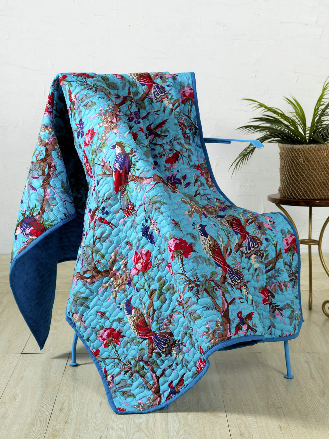 HANDICRAFT PALACE Turquoise Blue & Red Hand Block Printed Cotton Quilted Throw Blanket