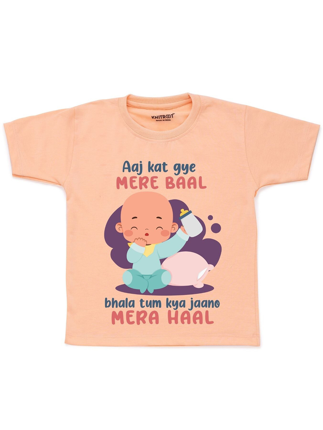 KNITROOT Kids Peach-Coloured & Blue Printed T-shirt