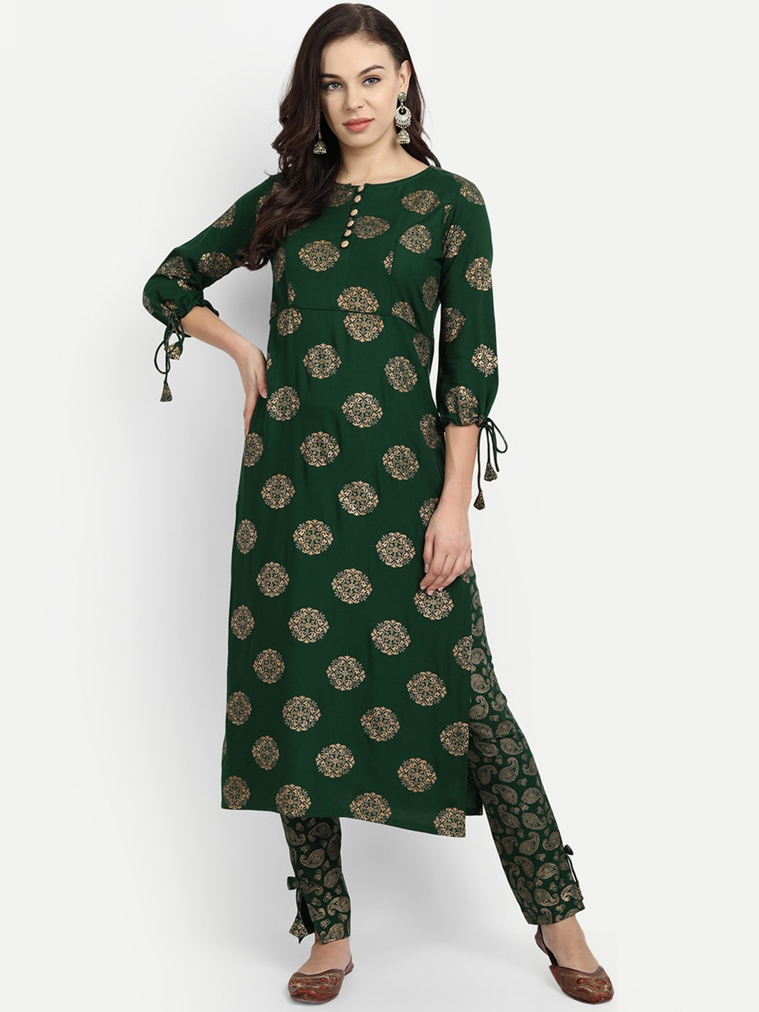 MADHURAM Women Green Ethnic Motifs Printed Layered Kurti with Trousers