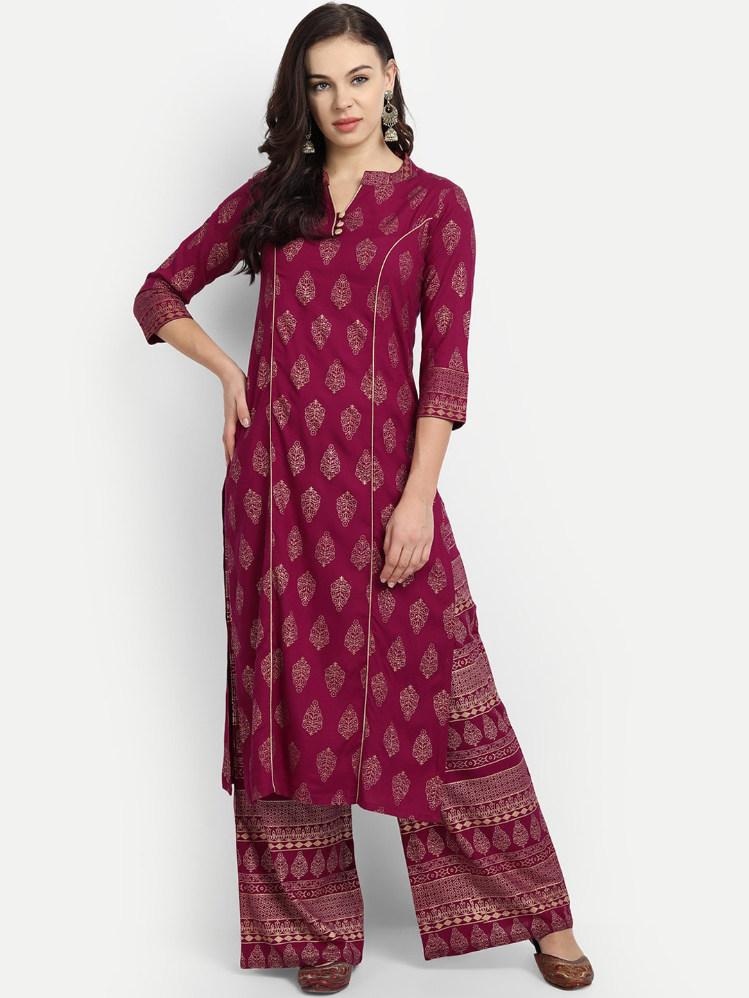 MADHURAM Women Maroon Ethnic Motifs Printed Panelled Kurta with Palazzos