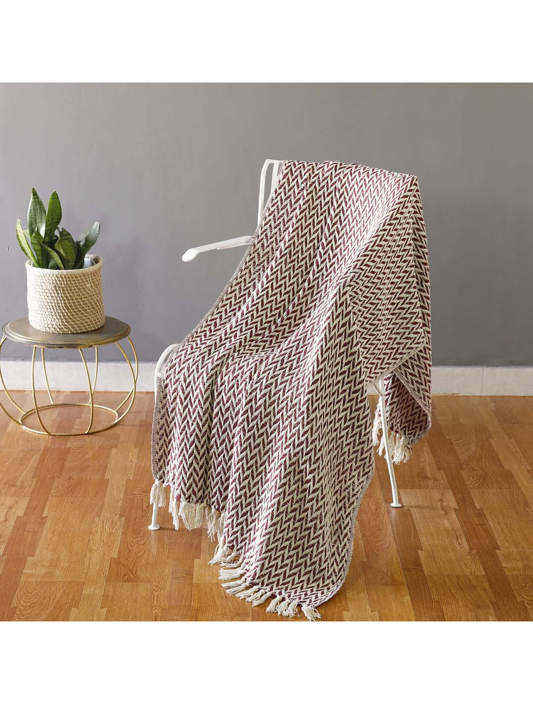 HANDICRAFT PALACE Maroon & Beige Hand-Knitted Cotton Couch Throw