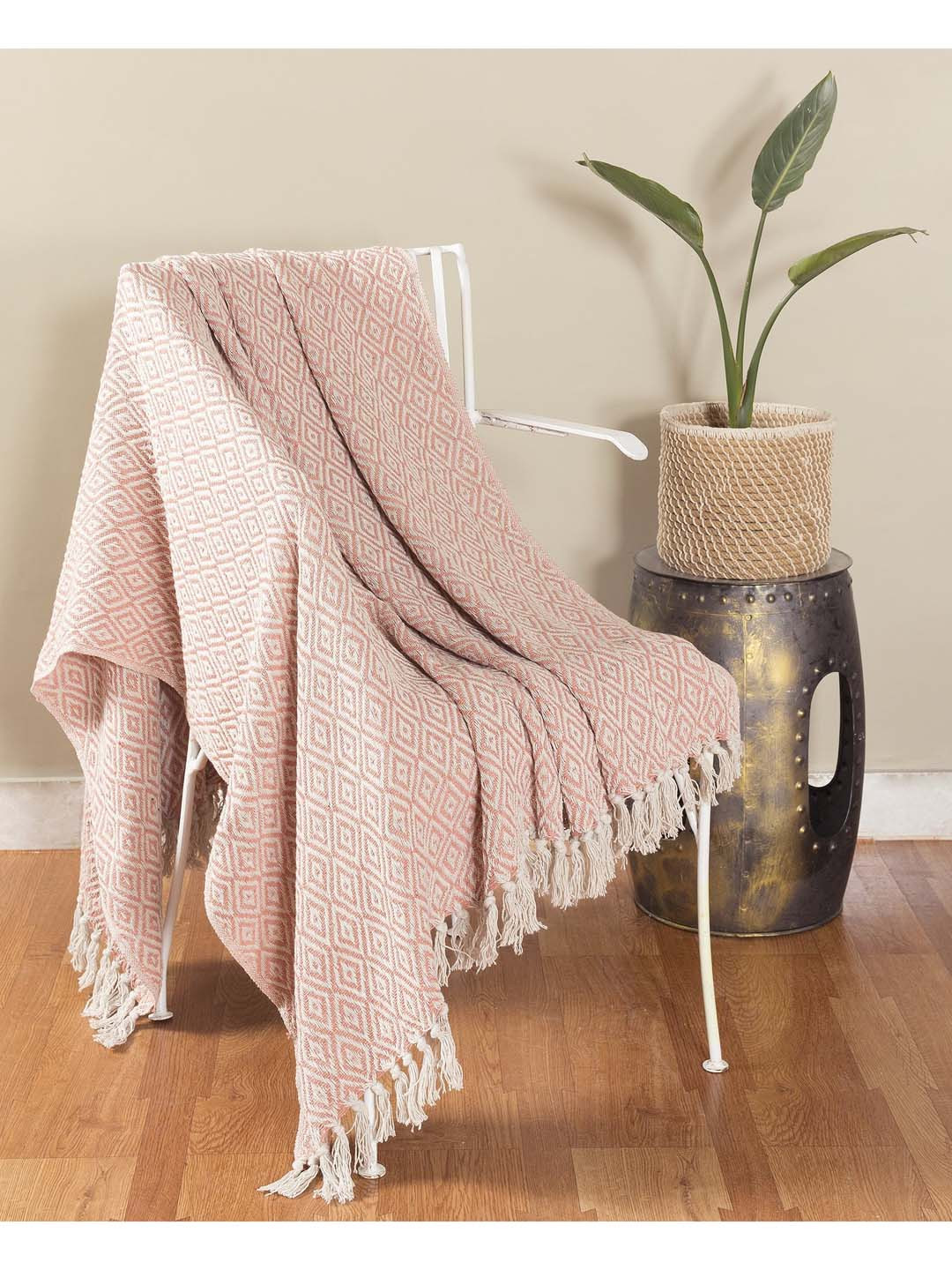 HANDICRAFT PALACE Pink & White Self-Design Cotton Knitted Throw Blanket