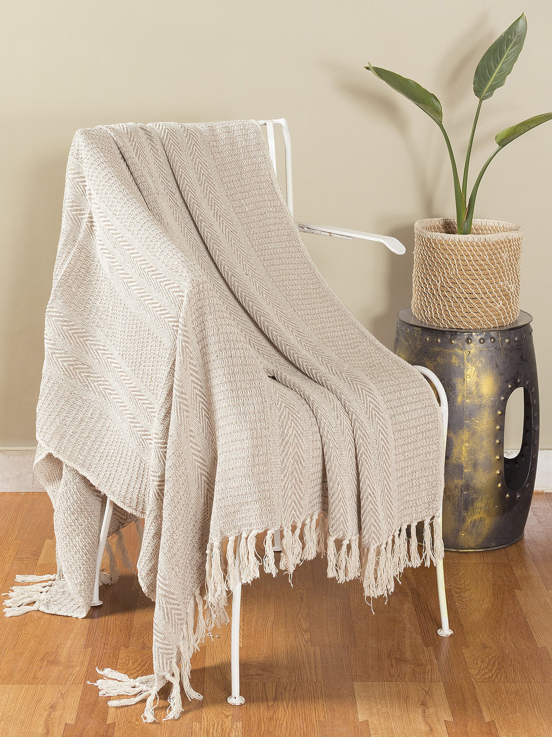 HANDICRAFT PALACE Beige Knitted Cotton Sofa Couch Throw