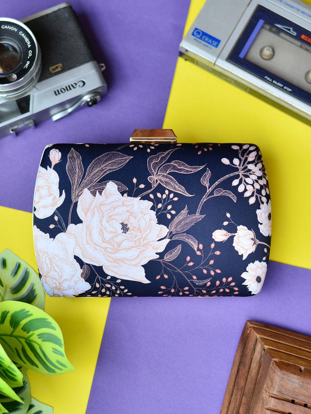 ARTKLIM Navy Blue & Peach-Coloured Printed Box Clutch