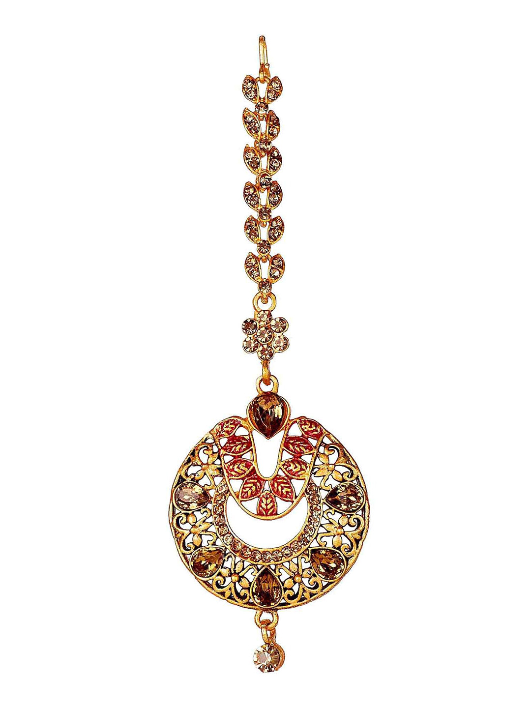 ANIKAS CREATION Gold-Plated Orange Stone-Studded & Beaded Maang Tikka