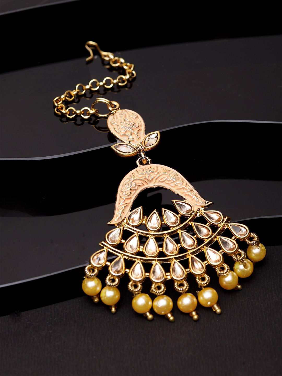 ANIKAS CREATION Gold-Plated Peach Colored Stone Studded & Beaded Enamelled Head Jewellery