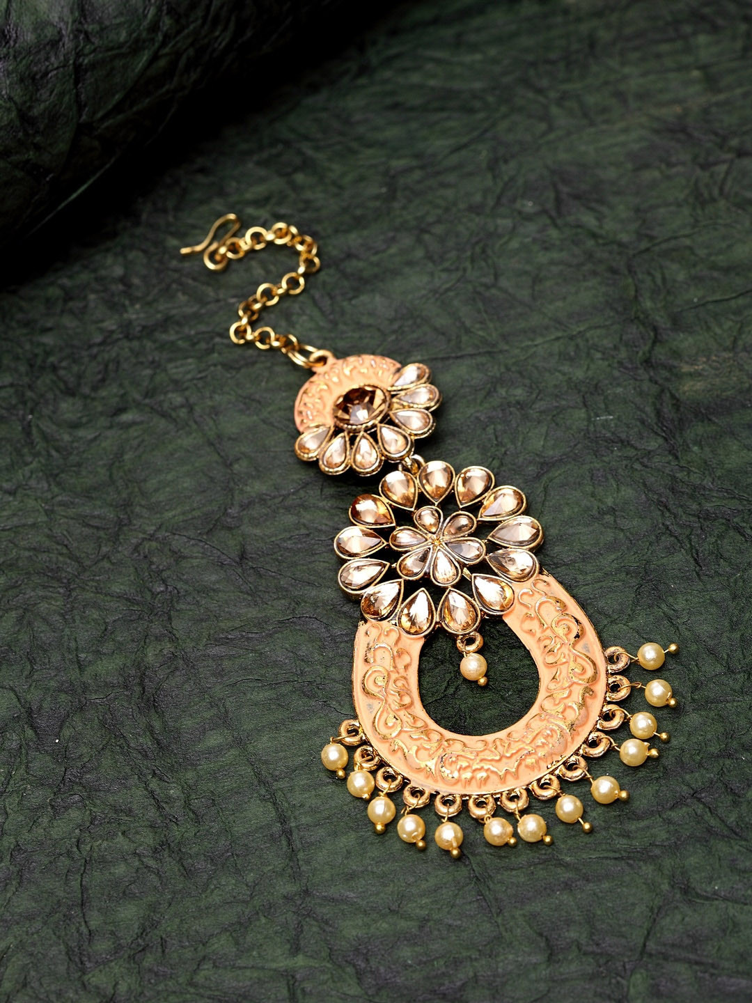 ANIKAS CREATION Peach Colored & Off-White Stone Studded & Beaded Enamelled Maang Tikka