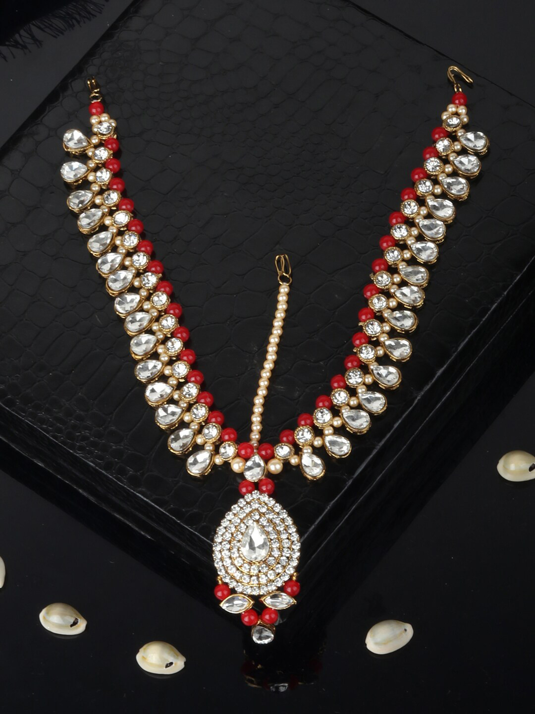 ANIKAS CREATION Gold-Plated & Red Stone Studded & Beaded Maathapatti