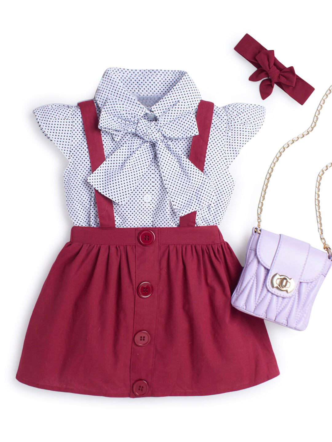 Hopscotch Girls Maroon & Grey Printed Pure Cotton Shirt with Skirt