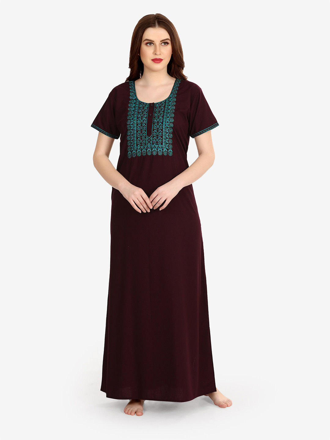 Sand Dune Maroon & Sea Green Yoke Embroidered Maxi Nightdress