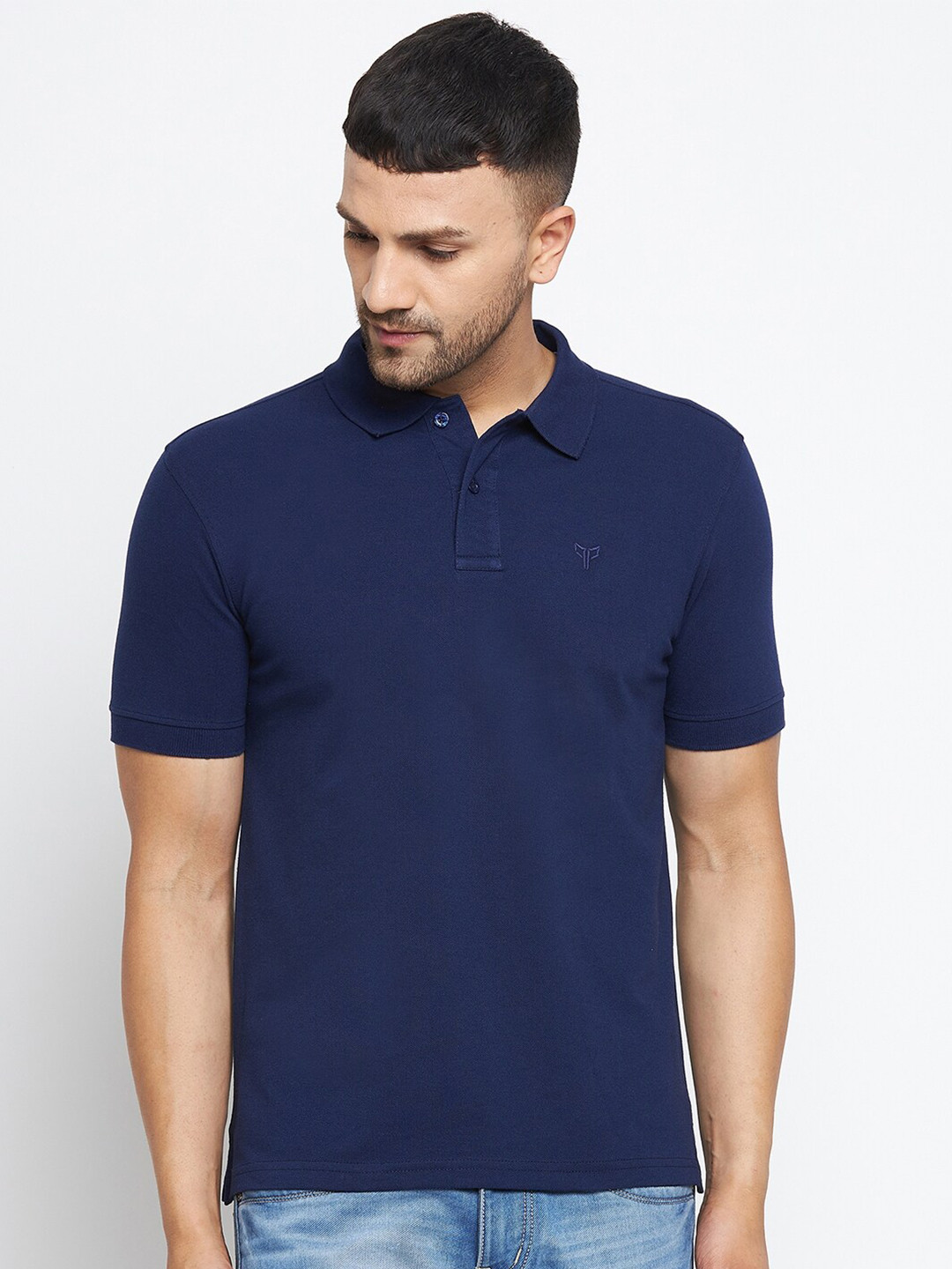 POKER ACTIVE Men Navy Blue Polo Collar T-shirt