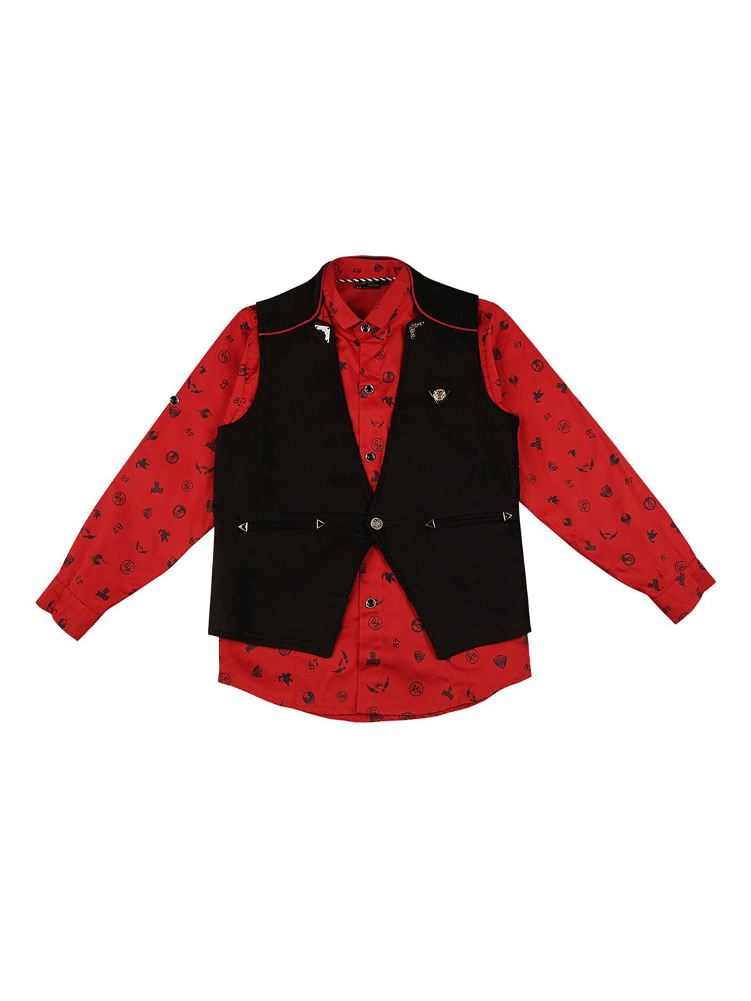 Actuel Boys Red & Black V-neck Waistcoat With Shirt
