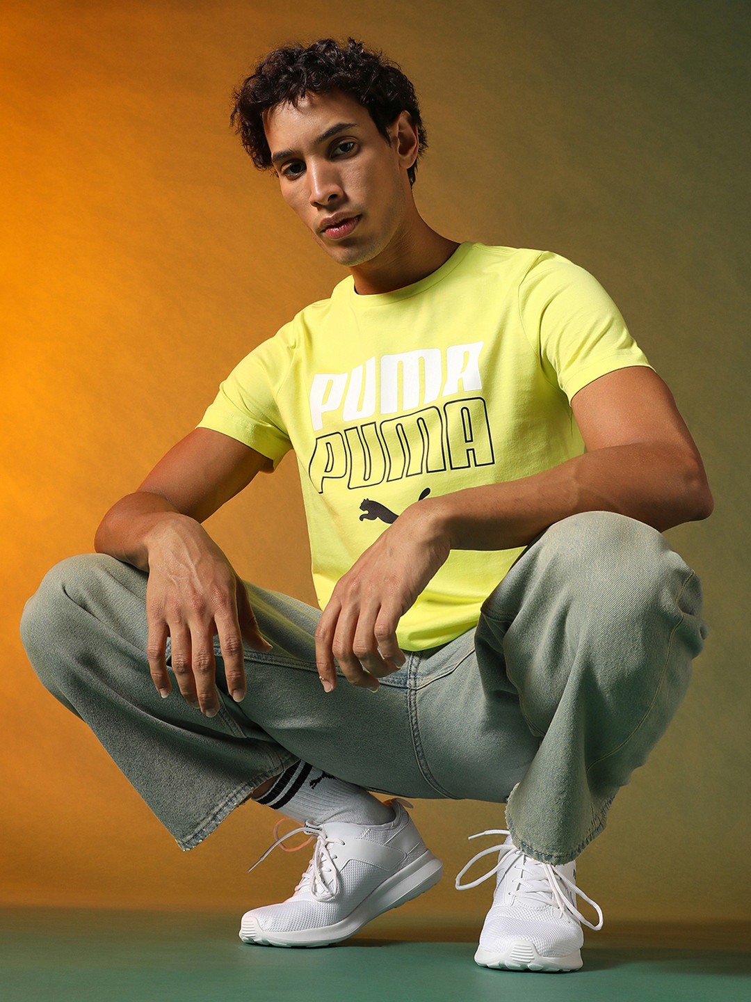 Puma Men Yellow Brand Logo Printed Slim Fit T-shirt