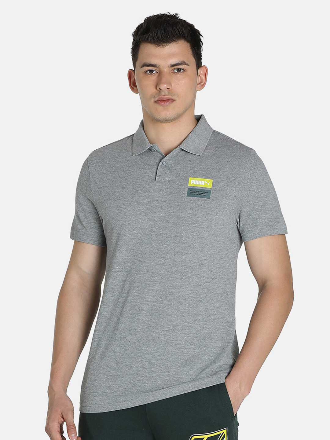 Puma Men Grey Original SW Graphic Polo Collar T-shirt