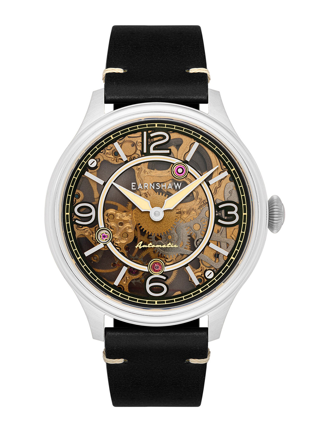 EARNSHAW Men Silver-Toned Dial & Black Leather Straps Automatic Motion Powered Wrist Watch