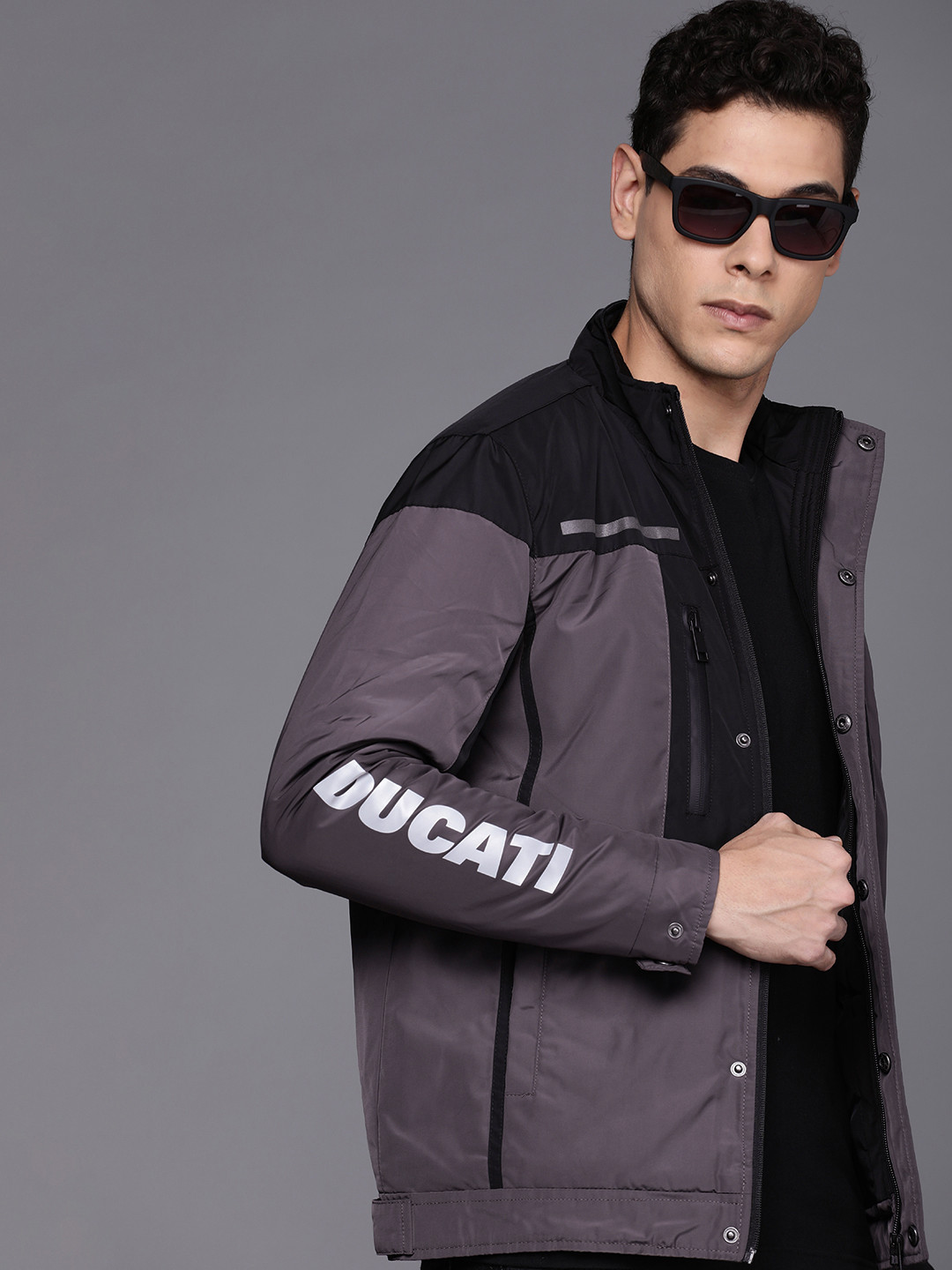 Ducati Men Black And Mauve Colourblocked Mock-Collar Padded Jacket