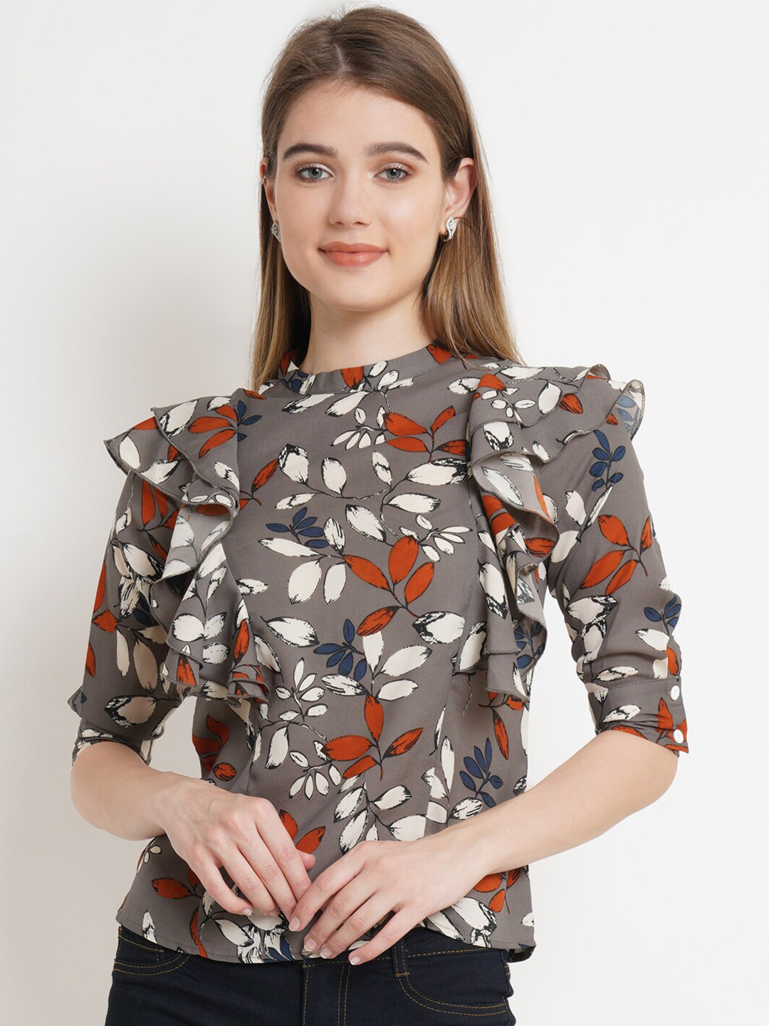 IX IMPRESSION Women Grey Floral Printed Ruffles Georgette Top