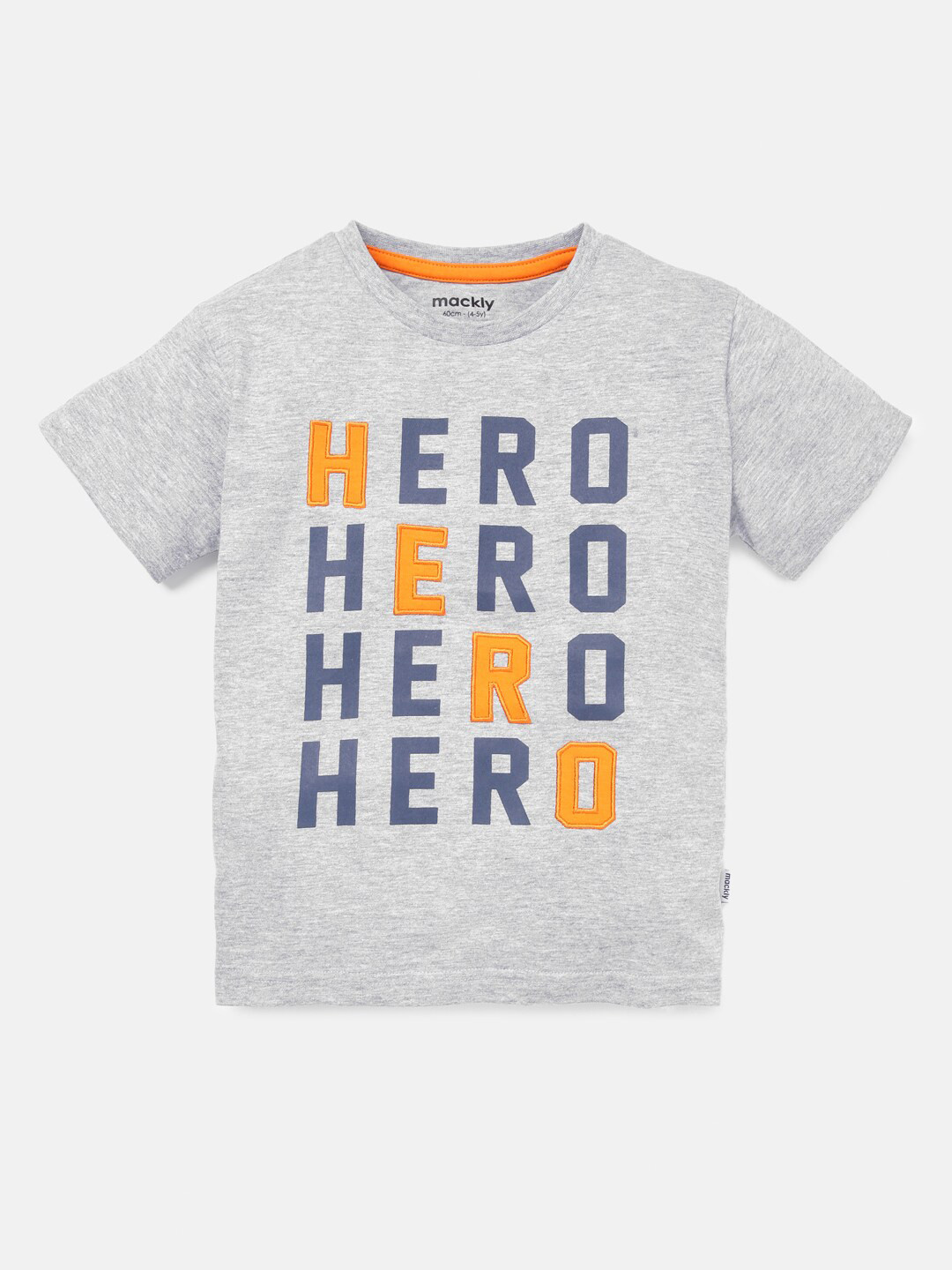 mackly Boys Grey & Blue Typography Printed Applique T-shirt