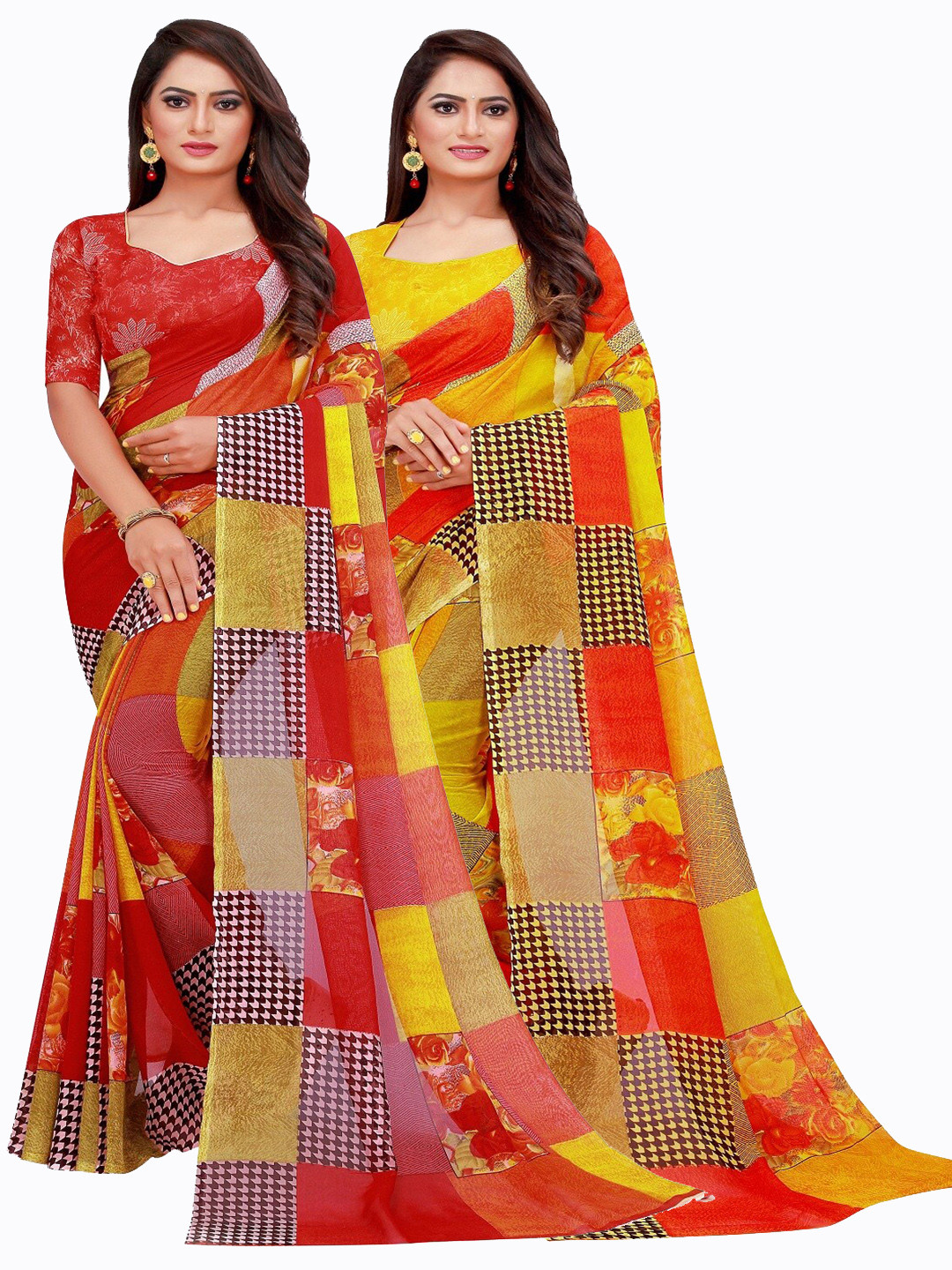 Florence Red & Yellow Printed Pure Georgette Saree Pack Of 2