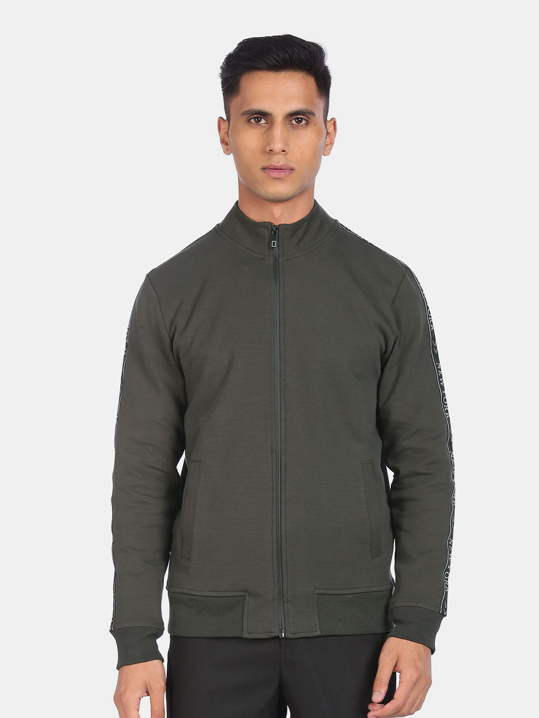 Arrow New York Men Olive Green Front Open Sweatshirt