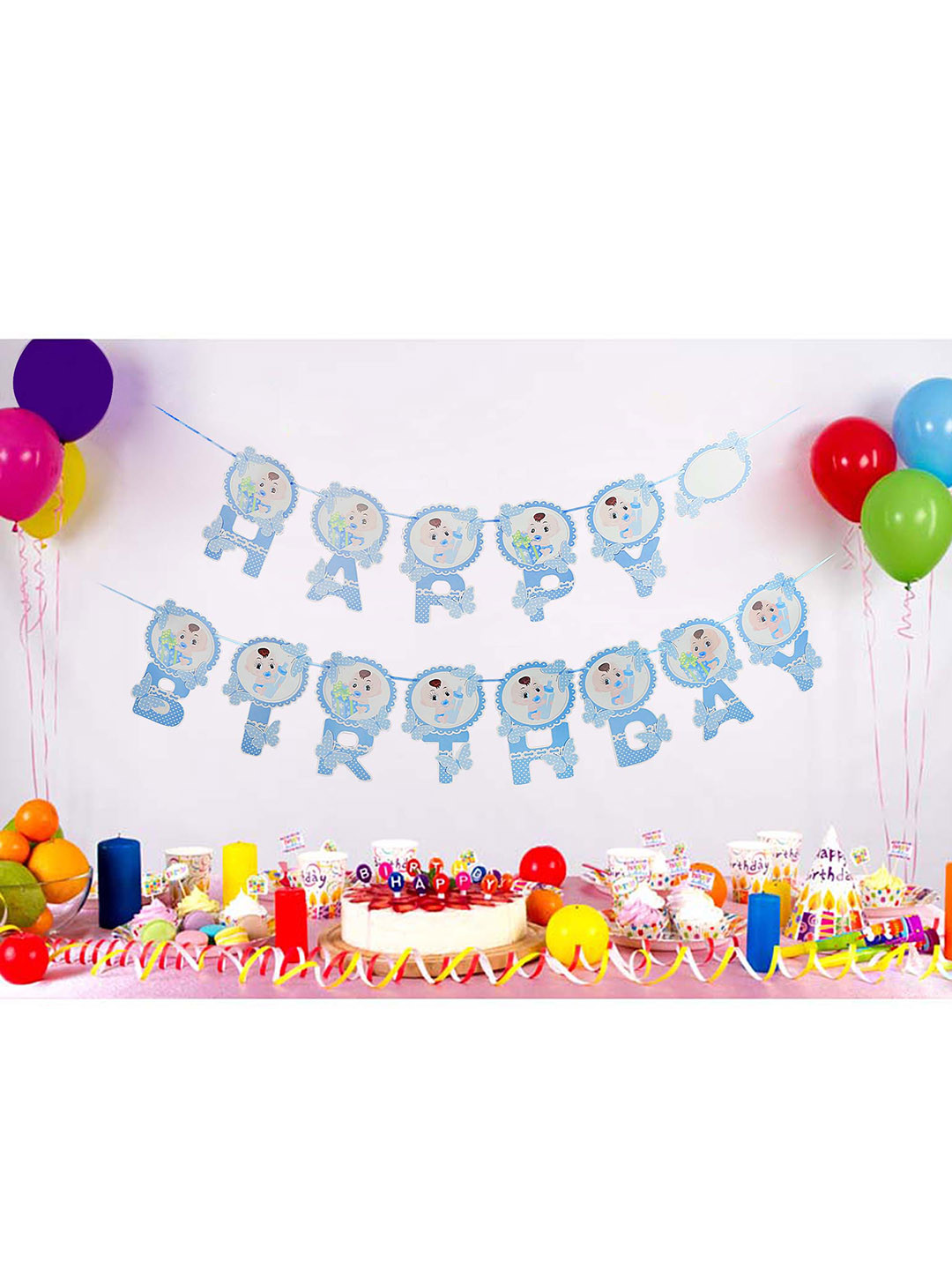 CHOCOZONE Blue & White Happy Birthday Banner Party Props