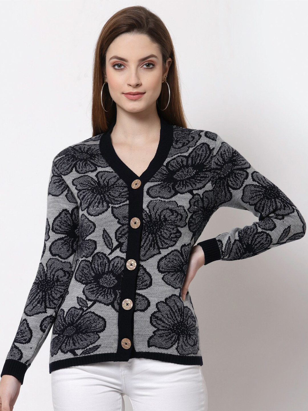 Kalt Women Grey & Black Floral Printed Cardigan Sweater