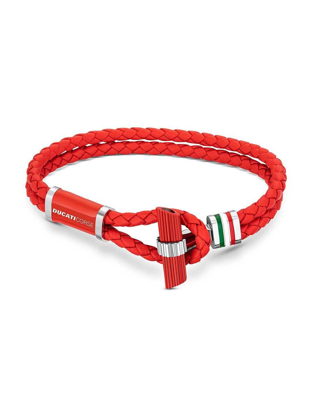 DUCATI CORSE Men Silver-Toned & Red Leather Braided Bracelet