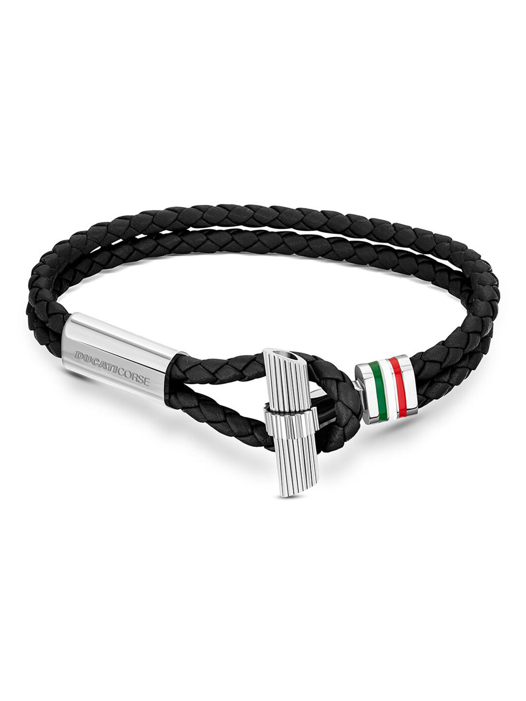 DUCATI CORSE Men Black & Silver-Toned Leather Cuff Bracelet