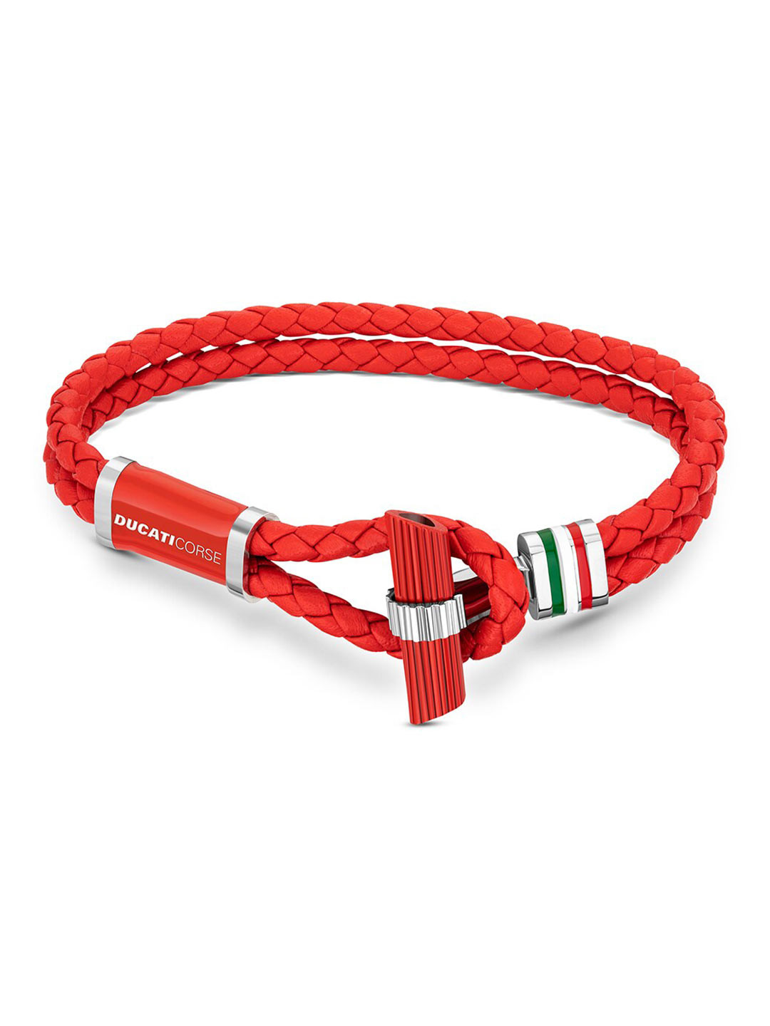 DUCATI CORSE Men Red & Silver-Toned Leather Braided Bracelet