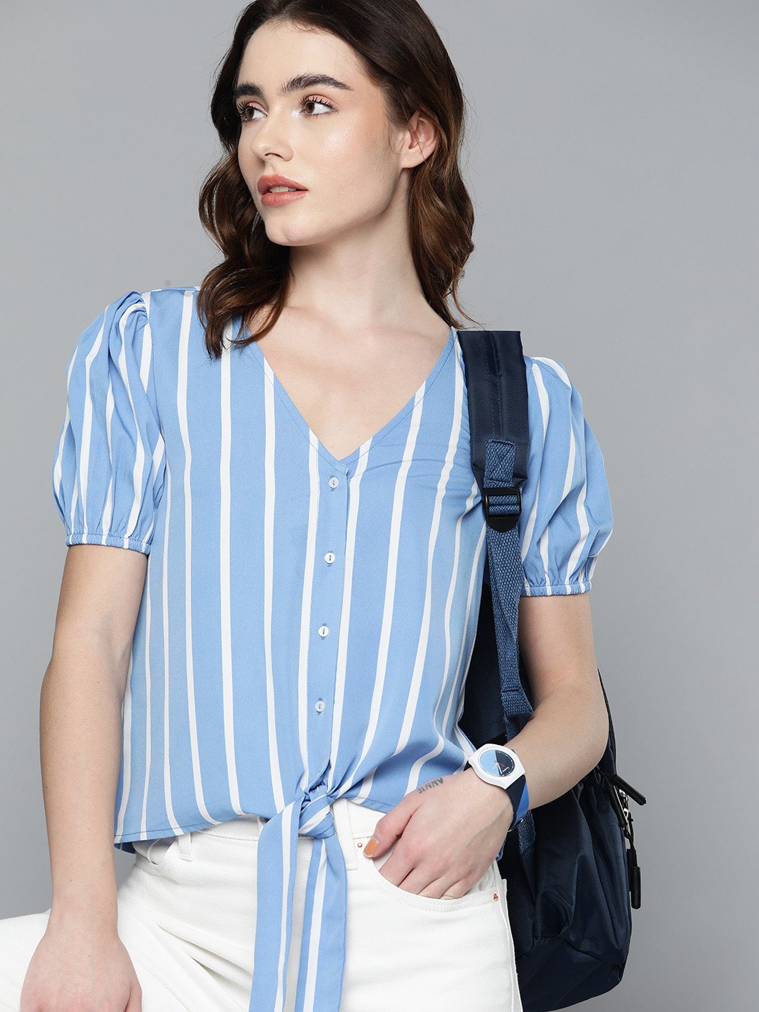 Harvard Blue & White V-Neck Striped Top