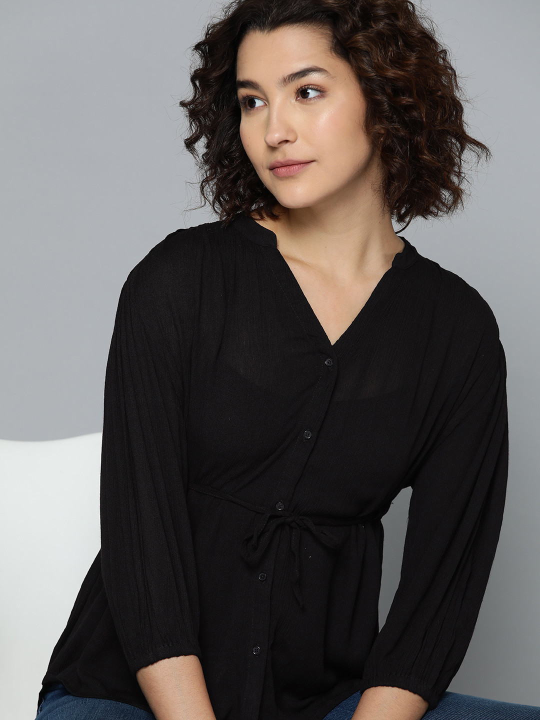 Harvard Waist Tie-Up Mandarin Collar Shirt Style Top