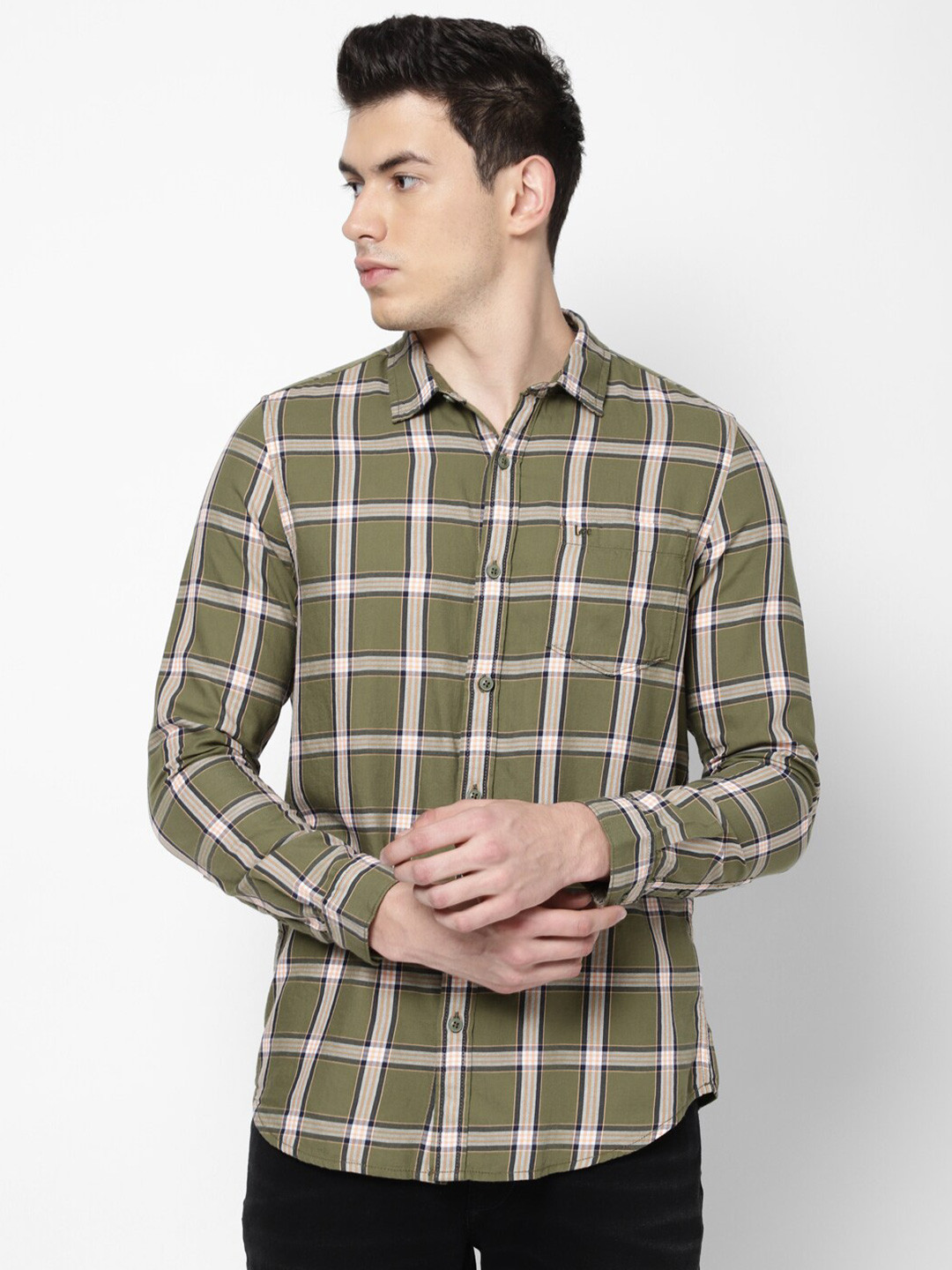 Lee Men Olive Green Slim Fit Tartan Checks Checked Casual Shirt