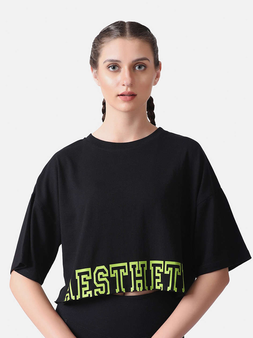 Aesthetic Bodies Women Black Typography High Neck Drop-Shoulder Sleeves Oversized  T-shirt